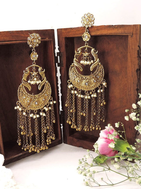 Antique gold plated crescent chandbali earrings with pearl and chain tassels – Indian bridal earrings USA – Joyrias