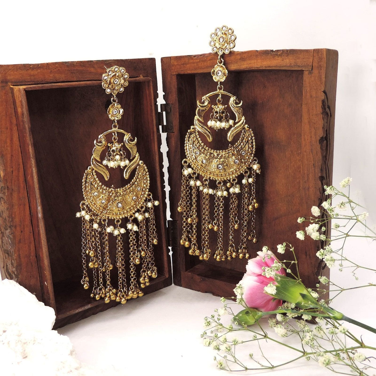 Antique Gold-Plated Crescent Chandbali Earrings with Pearl &amp; Chain Tassels Image 0