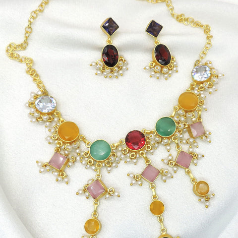 Multicolor Statement Necklace Set | Pearl Drop Gold-Tone Jewelry Set