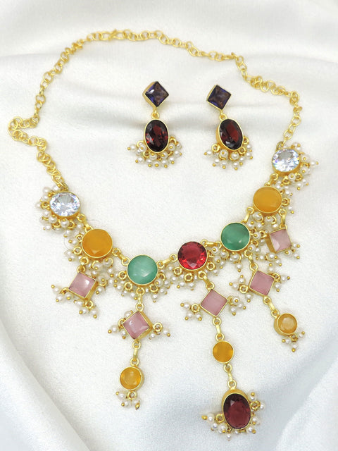 Multicolor Statement Necklace Set | Pearl Drop Gold-Tone Jewelry Set