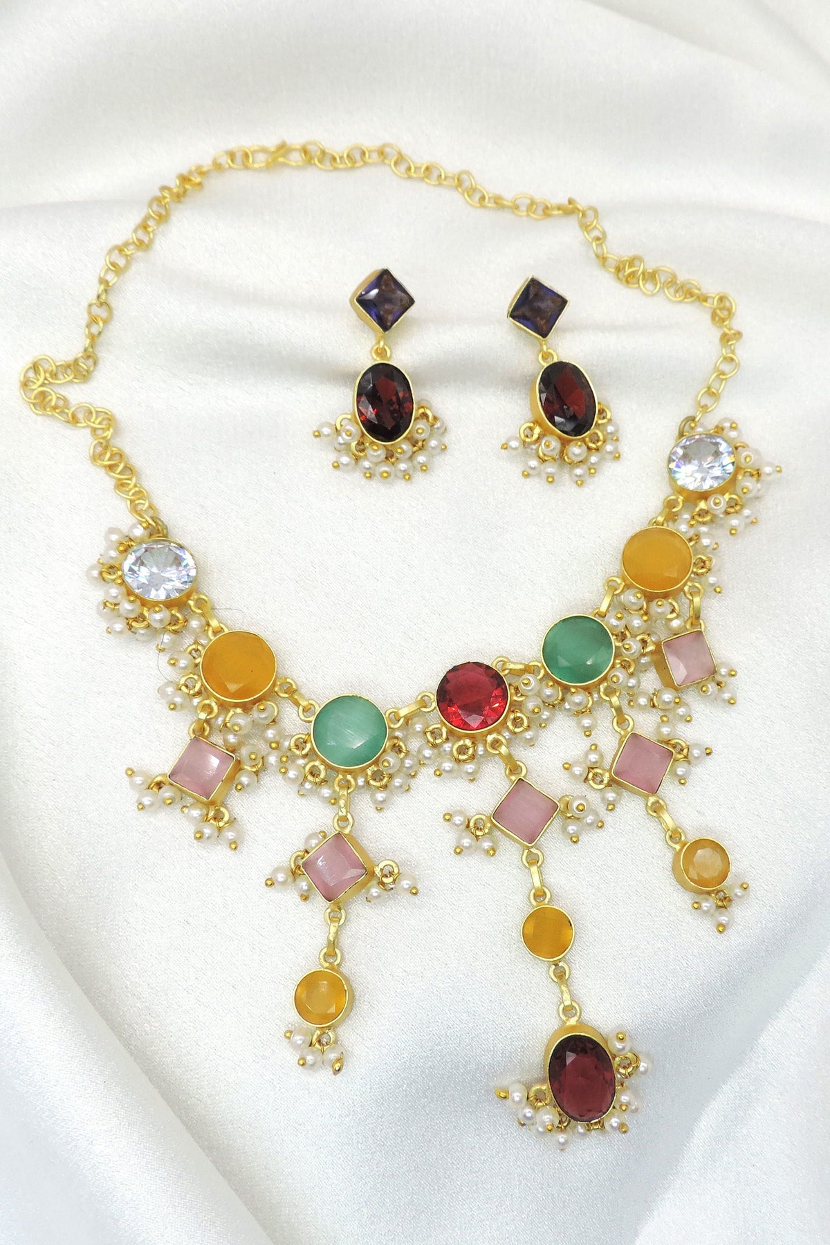 Multicolor Statement Necklace Set | Pearl Drop Gold-Tone Jewelry Set