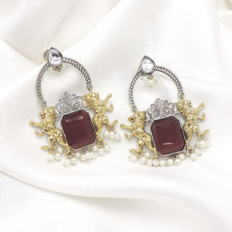 Oxidized dual-tone maroon tribal drop earrings with pearl detailing by joyrias