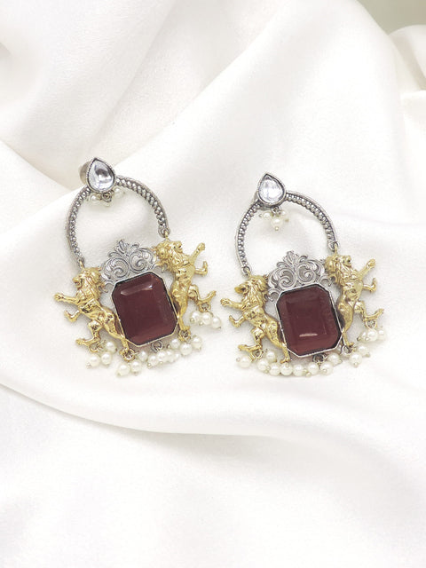 Oxidized dual-tone maroon tribal drop earrings with pearl detailing by joyrias