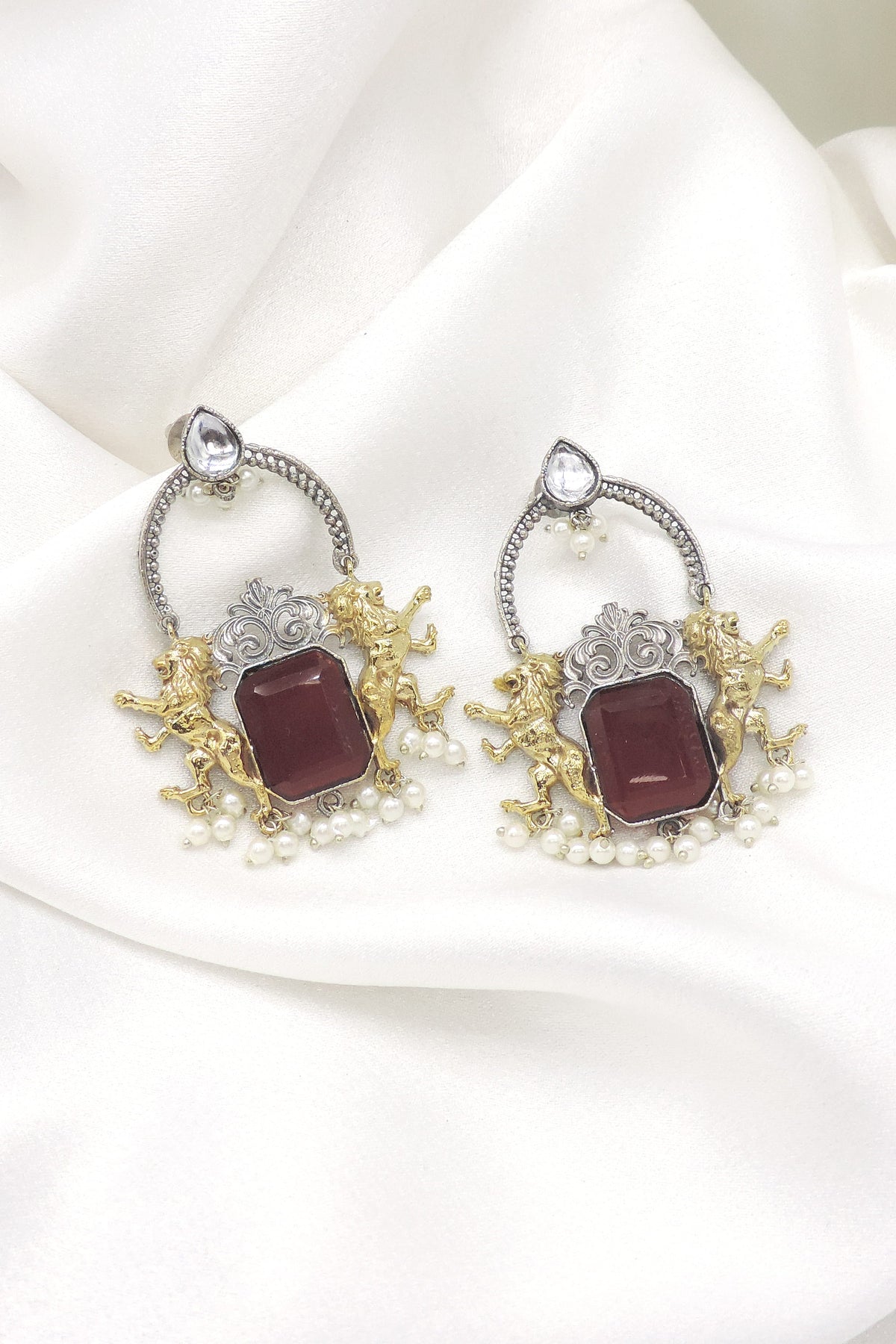 Oxidized dual-tone maroon tribal drop earrings with pearl detailing by joyrias