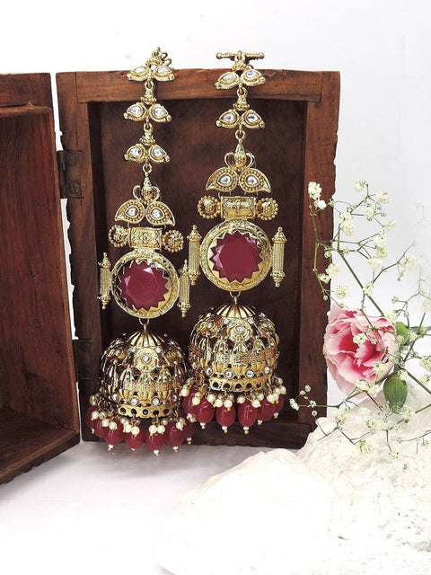Antique gold plated red stone temple jhumka earrings with pearls – South Indian jewelry USA – Joyrias