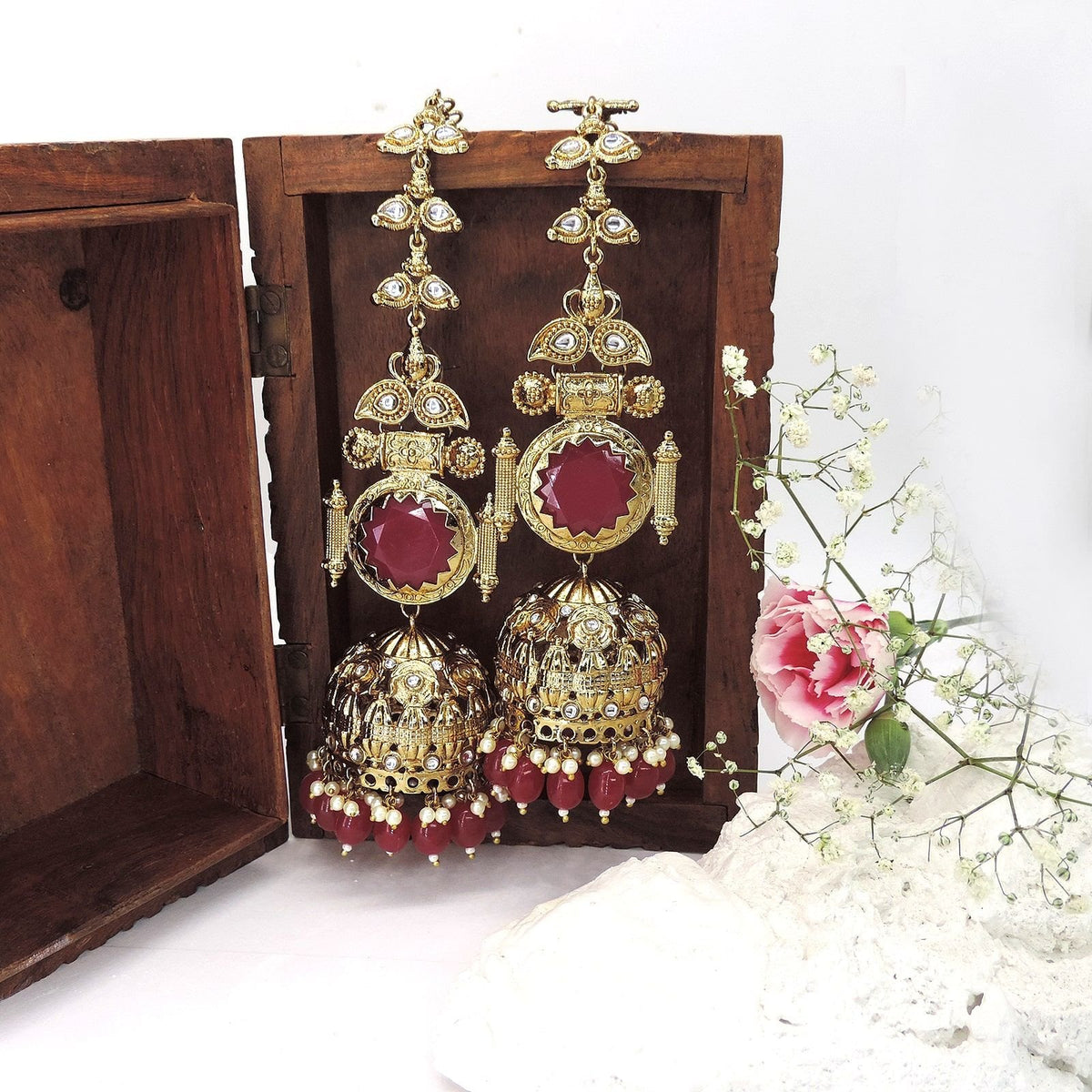 Antique gold plated red stone temple jhumka earrings with pearls – South Indian jewelry USA – Joyrias