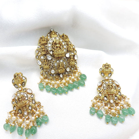 Mint green temple necklace set with pearl and CZ AD accents by joyrias
