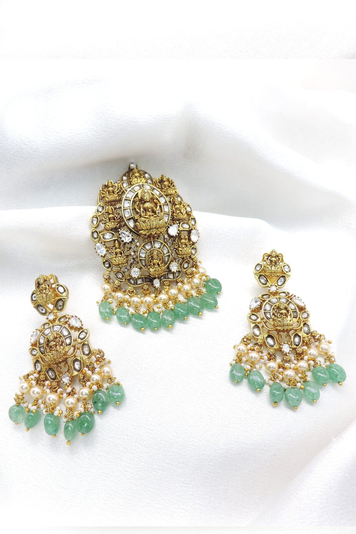 Mint green temple necklace set with pearl and CZ AD accents by joyrias