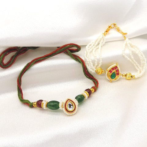 Paan kundan emerald pearl bhaiya bhabhi rakhi set by Joyrias