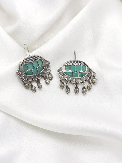 Oxidized silver green enamel geometric drop earrings with textured silver charms by joyrias