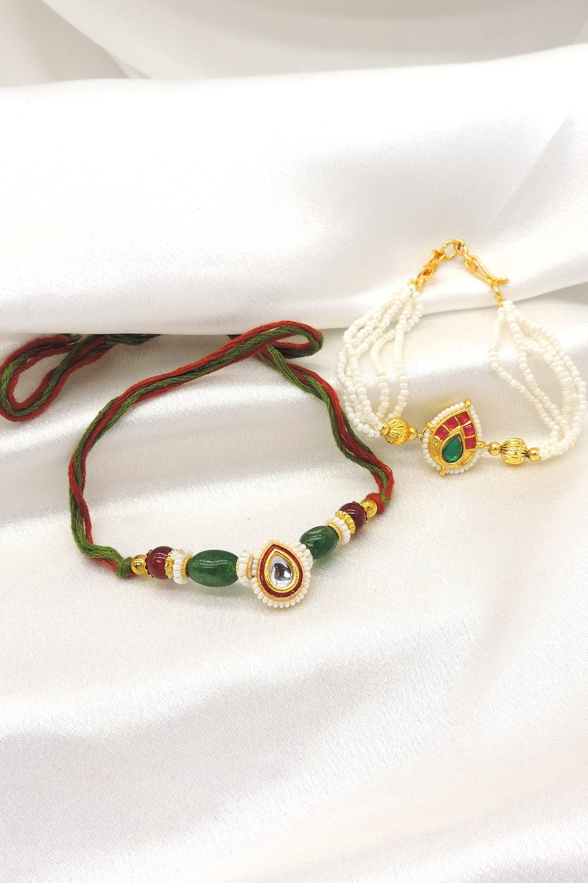 Purple Pink Kundan Pearl Bhaiya Bhabhi Rakhi Set