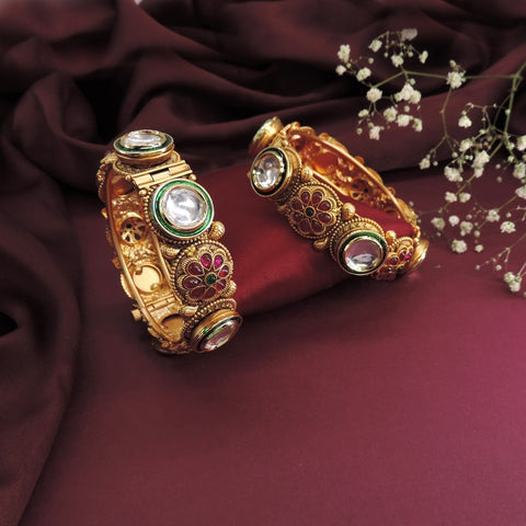 Antique Gold-Plated Openable Kundan & Enamel Floral Bangles Image 0