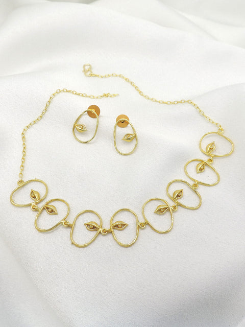 Minimal Evil Eye Gold Necklace Set with Matching Earrings