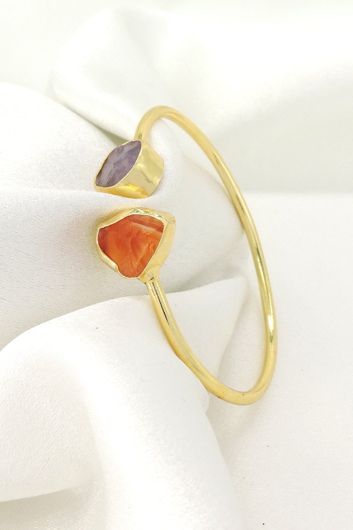 Raw Citrine & Amethyst Open Cuff Bracelet | Gold Plated Gemstone Jewelry