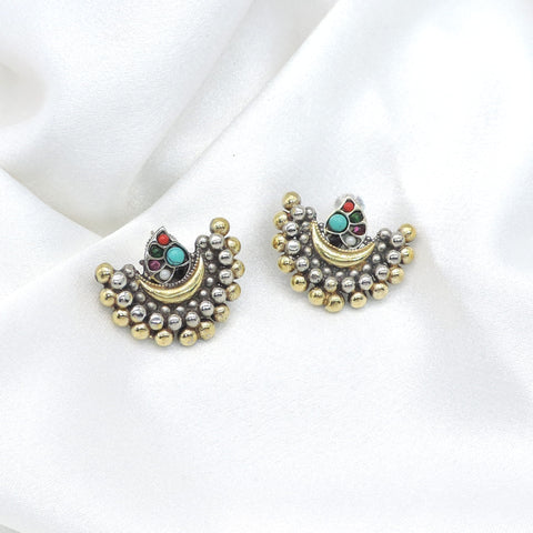 Oxidized dual-tone multicolor crescent stud earrings with silver and gold-toned detailing by joyrias