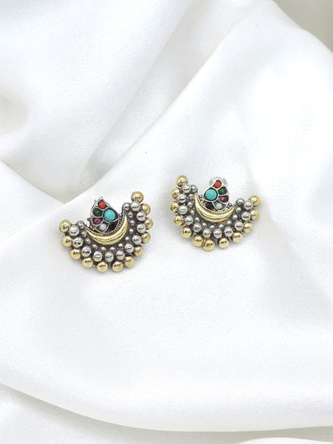 Oxidized dual-tone multicolor crescent stud earrings with silver and gold-toned detailing by joyrias