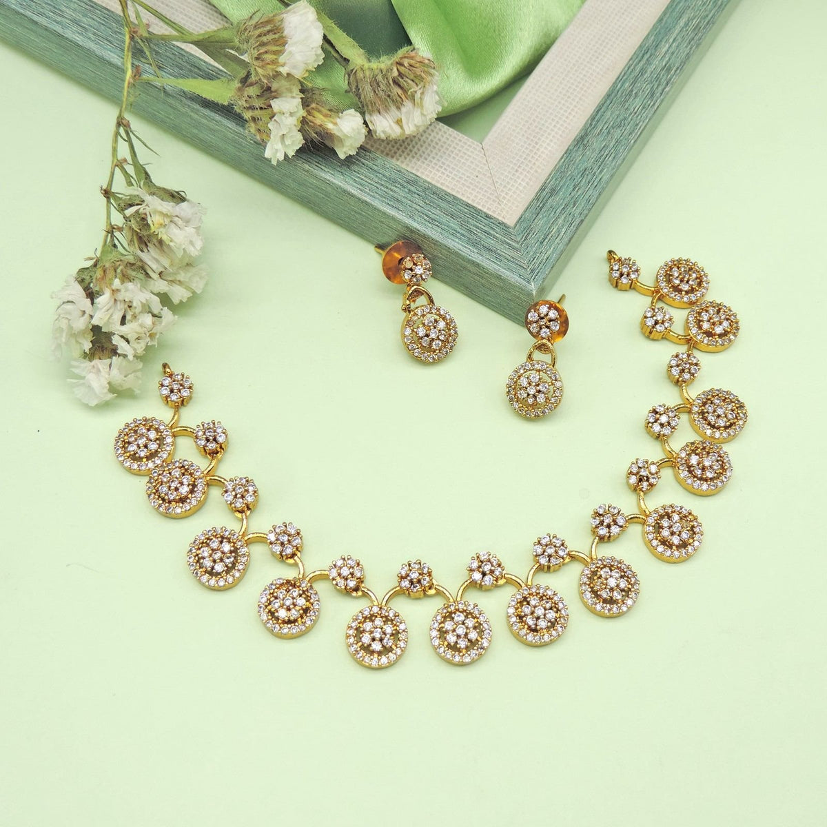 Circular pave AD necklace set – Indian American diamond necklace for weddings USA – Joyrias