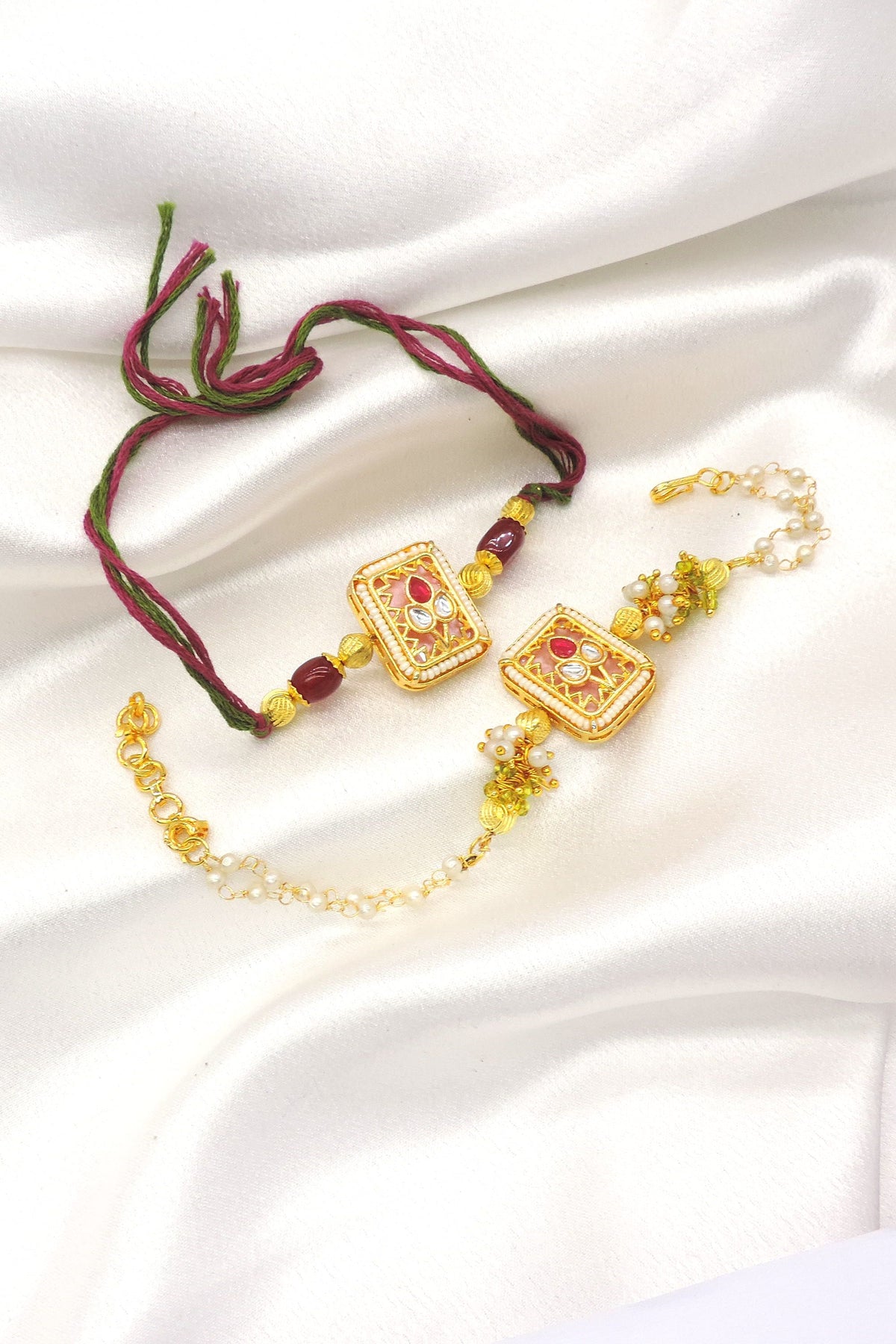 Kundan square bhaiya bhabhi rakhi set with pink meenakari and pearl
