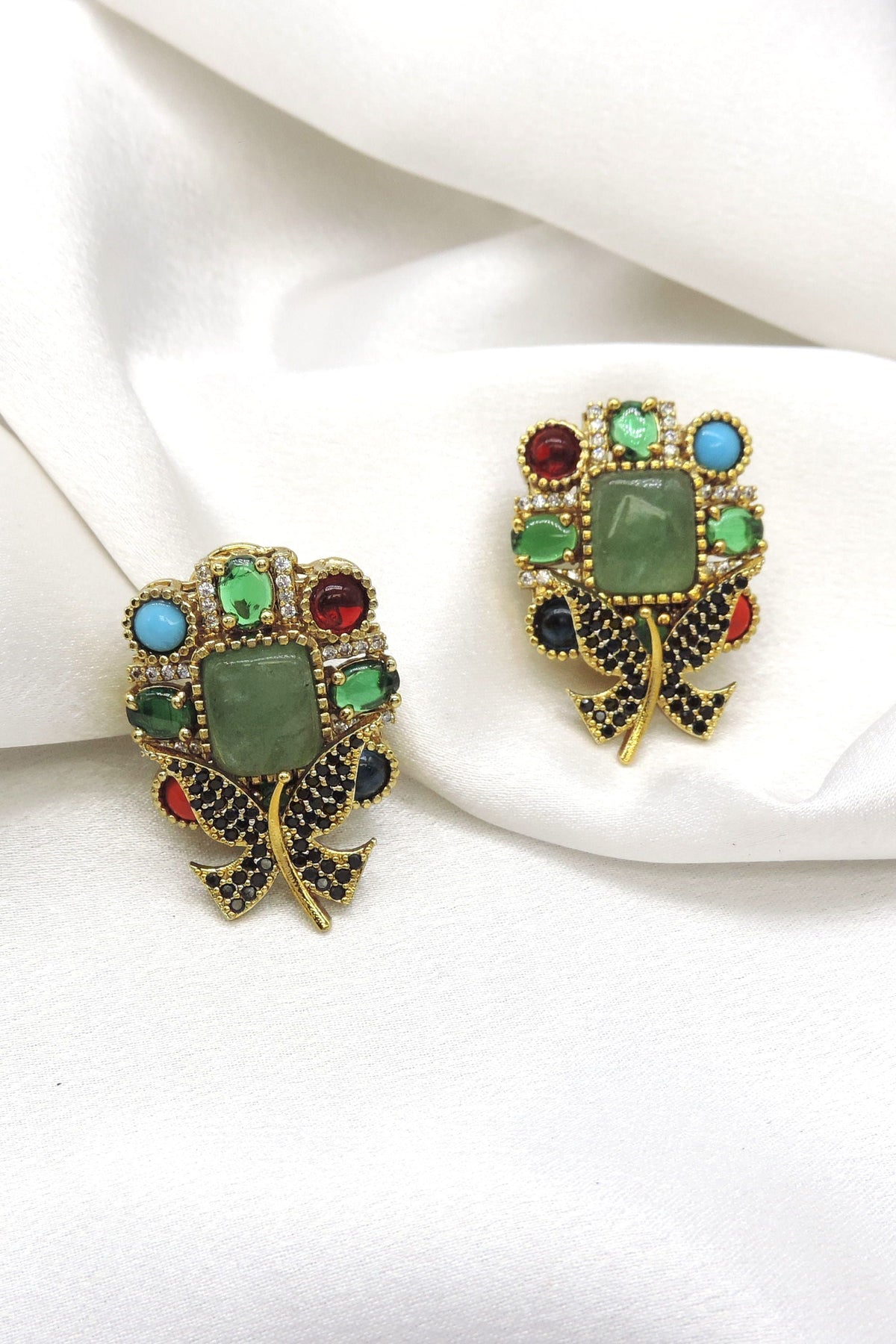 Emerald Multistone Leaf Stud Earrings by Joyrias