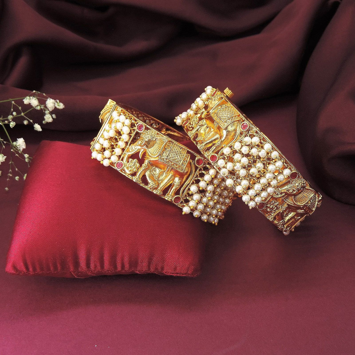 Antique Gold-Plated Openable Elephant Motif Bangles with Pearls & Red Stones Image 0