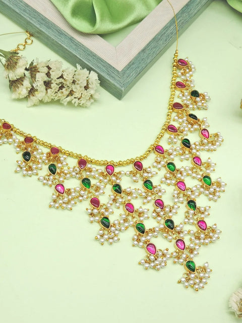 Ruby and emerald pearl spray necklace – Indian temple jewelry necklace USA – Joyrias