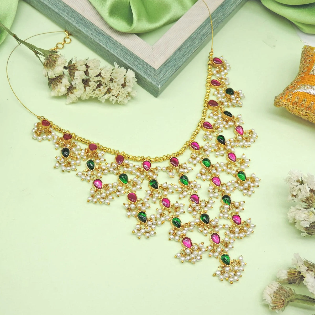 Ruby and emerald pearl spray necklace – Indian temple jewelry necklace USA – Joyrias
