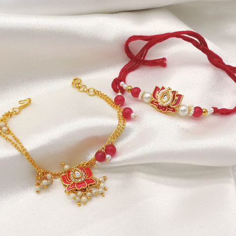 Lotus enamel kundan pearl bhaiya bhabhi rakhi set by Joyrias