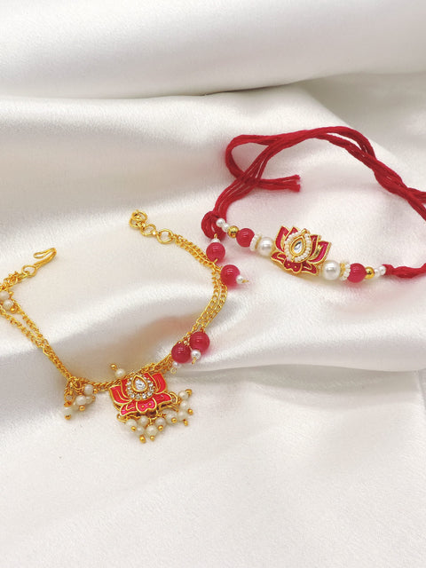 Lotus enamel kundan pearl bhaiya bhabhi rakhi set by Joyrias