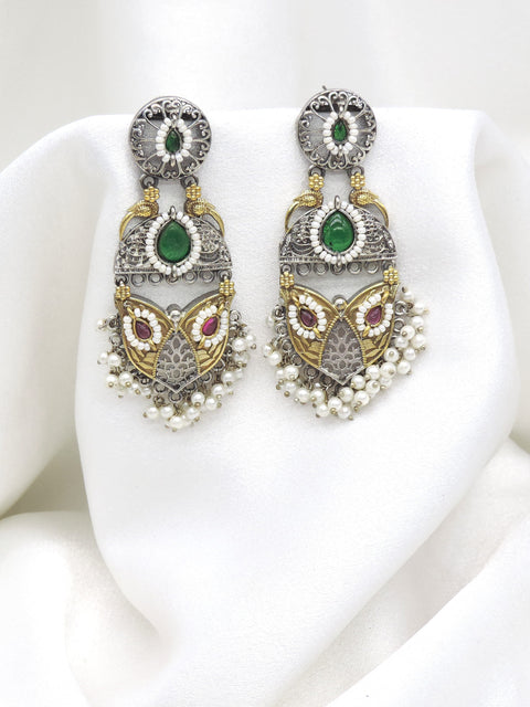Oxidized Dual-Tone Multicolor Floral Drop Earrings