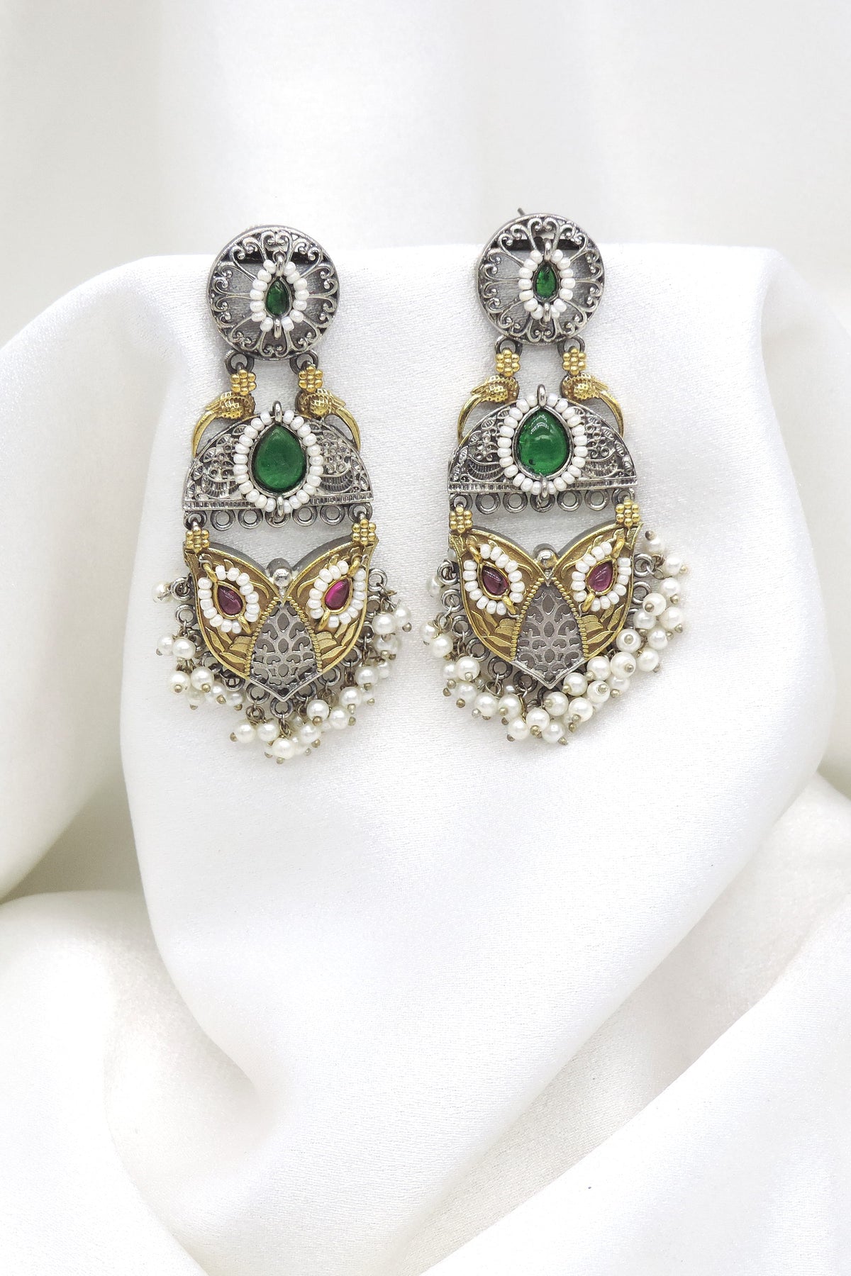 Oxidized Dual-Tone Multicolor Floral Drop Earrings