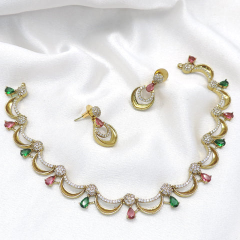 Pink Green CZ Crescent Jewelry Set by Joyrias