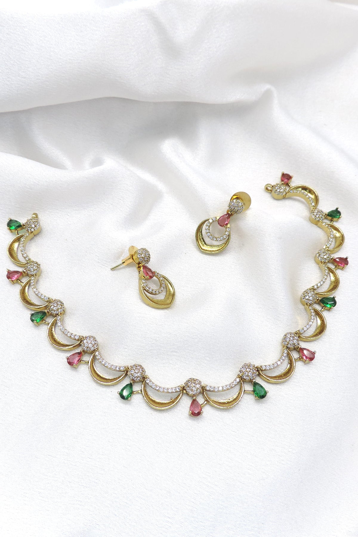 Pink Green CZ Crescent Jewelry Set by Joyrias