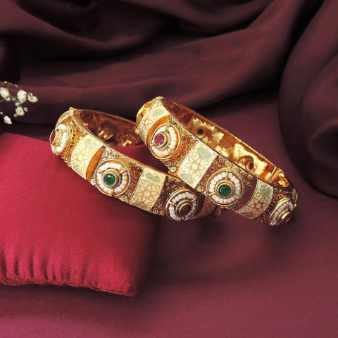Antique Gold-Plated Openable Kundan Enamel Bangles with Red & Green Stones Image 0
