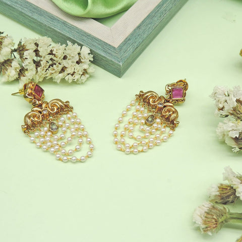 Kundan Pearl Cascade Earrings ? Pink Top Image 0