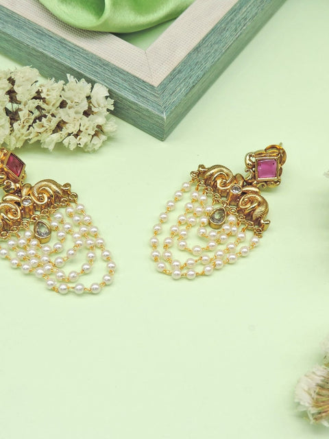 Kundan pearl cascade earrings with pink top – Indian festive earrings USA – Joyrias