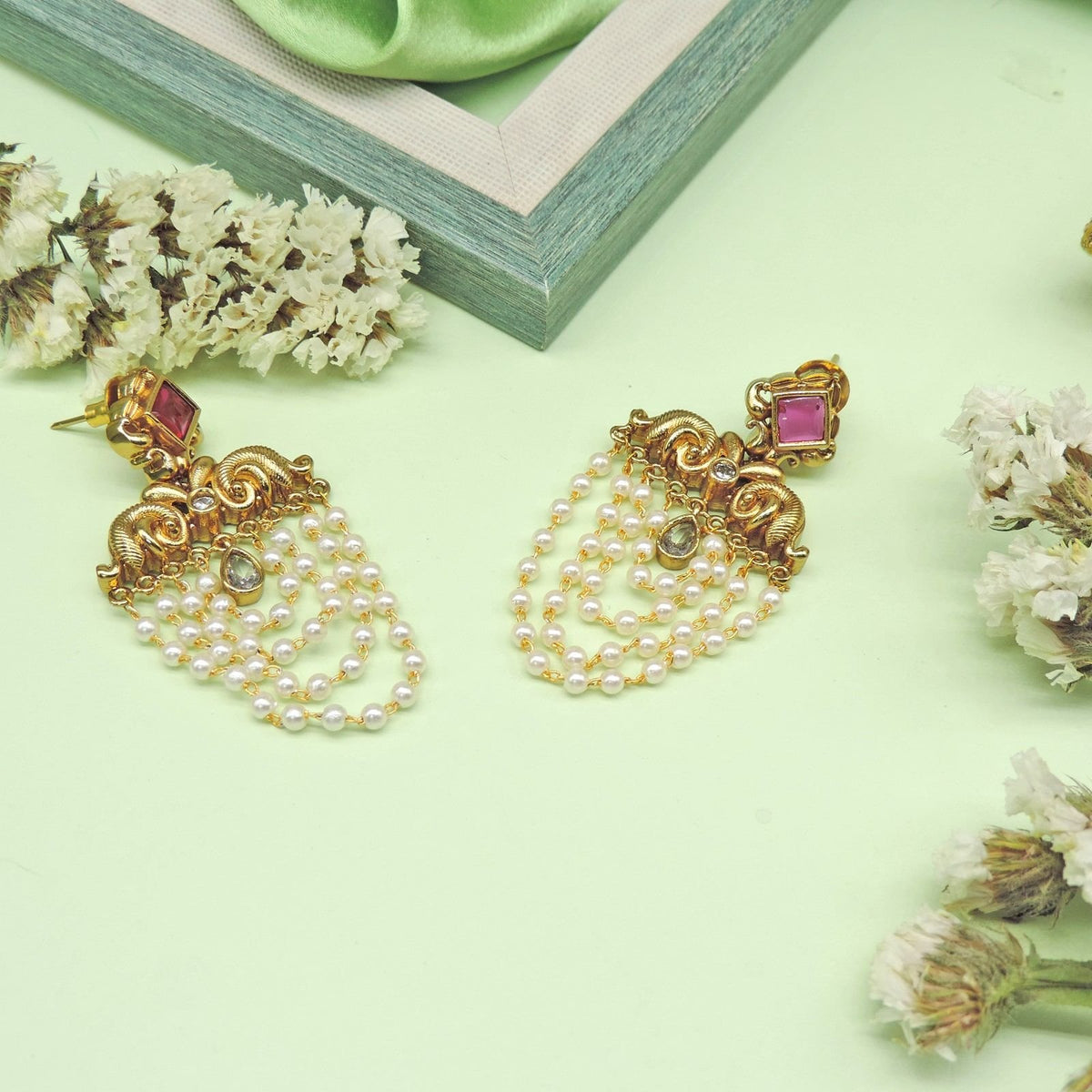 Kundan Pearl Cascade Earrings ? Pink Top Image 0