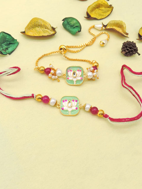 Lotus Kundan Bhaiya Bhabhi Rakhi Set