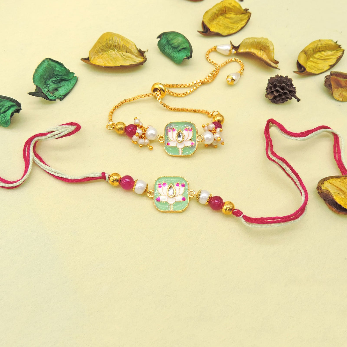 Lotus Kundan Bhaiya Bhabhi Rakhi Set