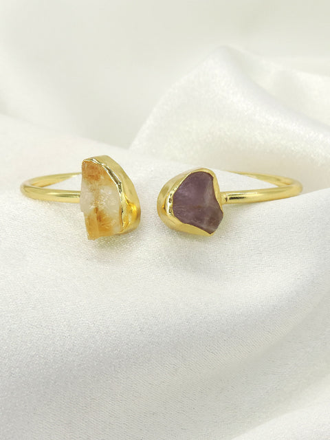 Raw Citrine & Amethyst Open Cuff Bracelet | Gold Plated Gemstone Jewelry