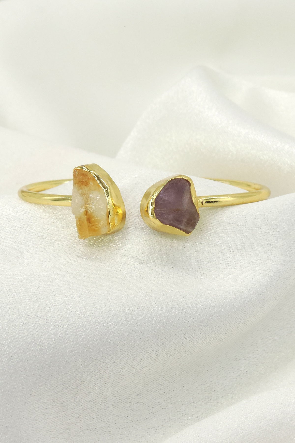 Raw Citrine & Amethyst Open Cuff Bracelet | Gold Plated Gemstone Jewelry