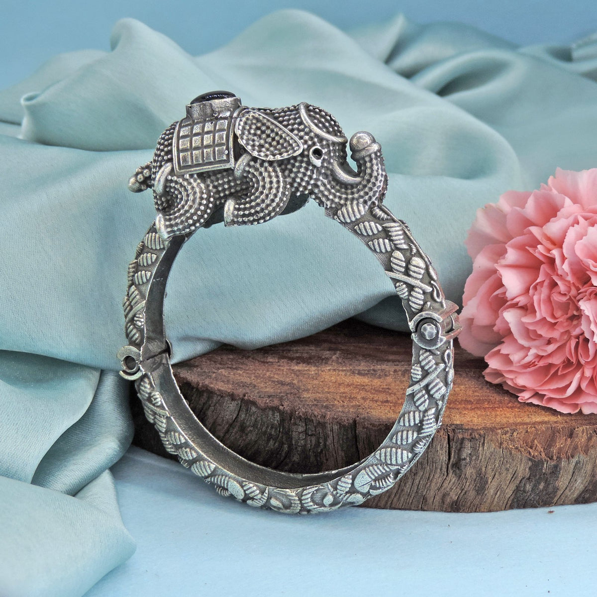 Elephant silver tone bangle – Indian oxidized elephant motif kada for women – Joyrias