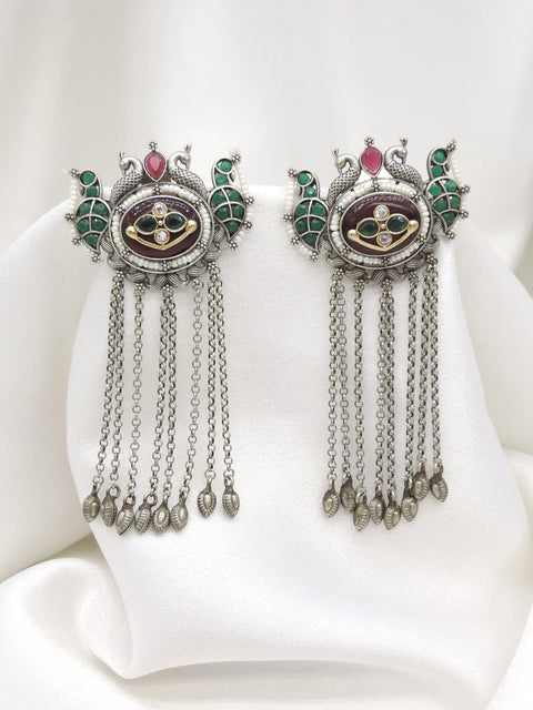 Oxidized Dual-Tone Green Stone Long Chain Earrings