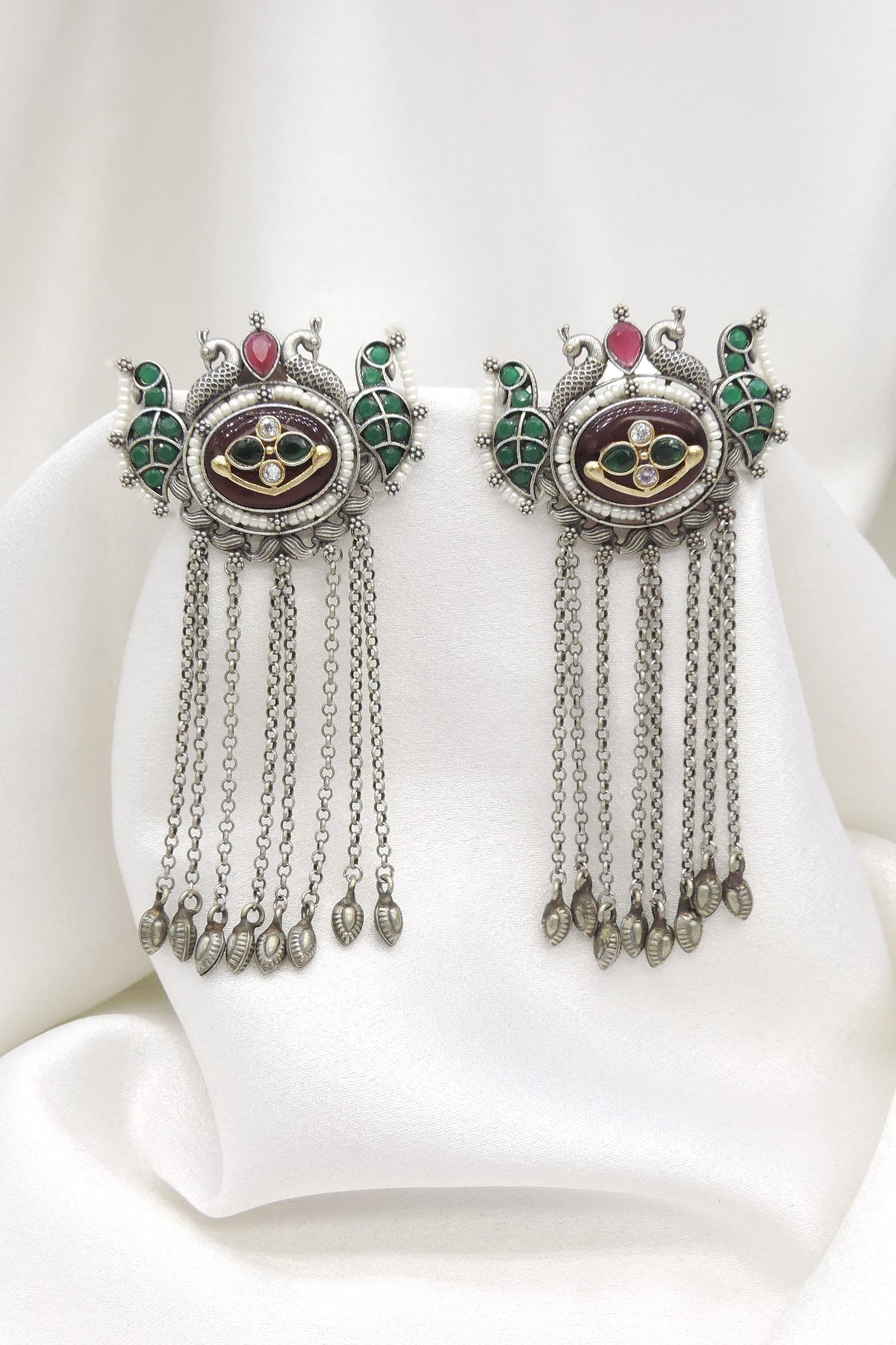 Oxidized Dual-Tone Green Stone Long Chain Earrings