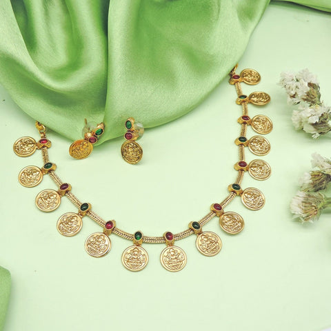 Lakshmi coin necklace set with ruby and emerald accents – South Indian temple jewelry USA – Joyrias