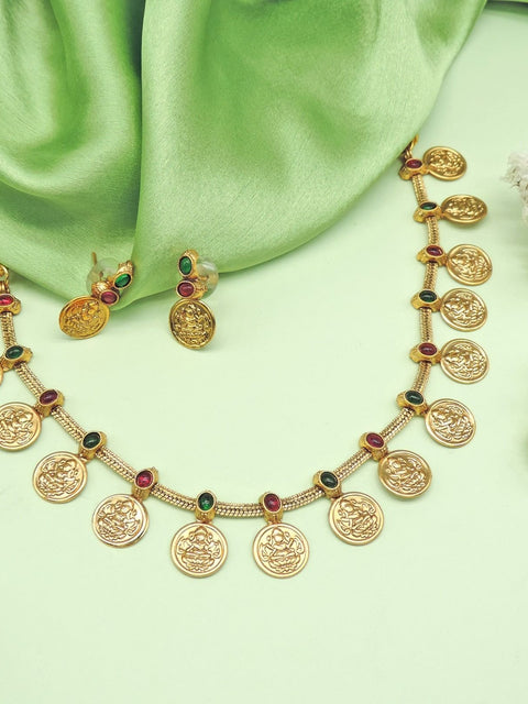 Lakshmi coin necklace set with ruby and emerald accents – South Indian temple jewelry USA – Joyrias