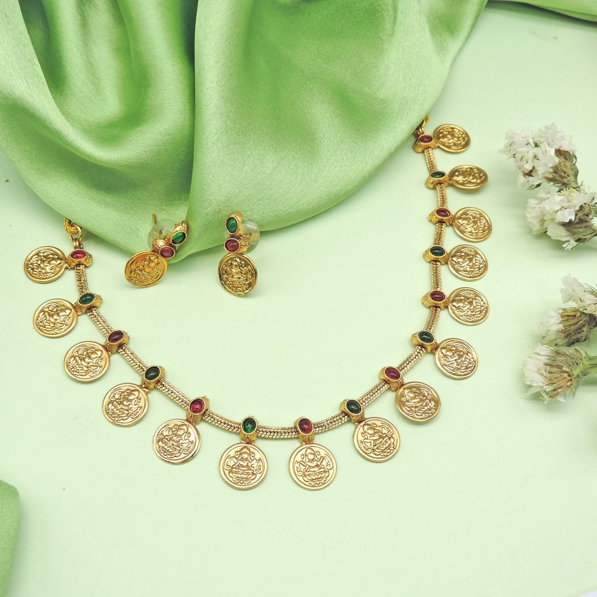 Lakshmi coin necklace set with ruby and emerald accents – South Indian temple jewelry USA – Joyrias