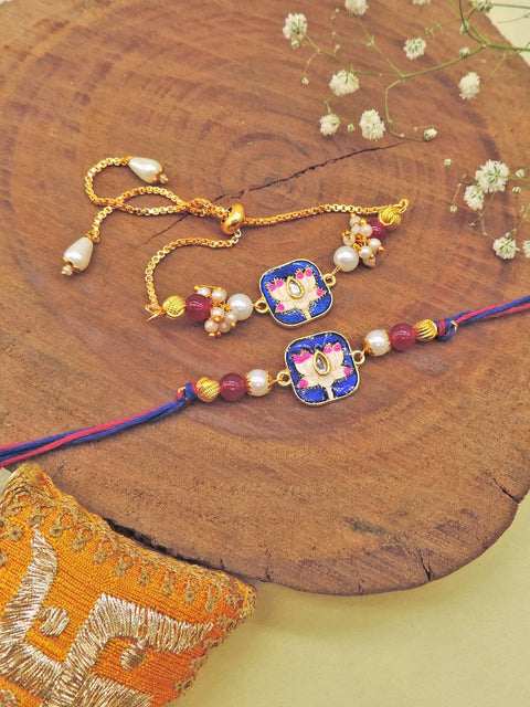 Lotus Kundan Bhaiya Bhabhi Rakhi Set by Joyrias