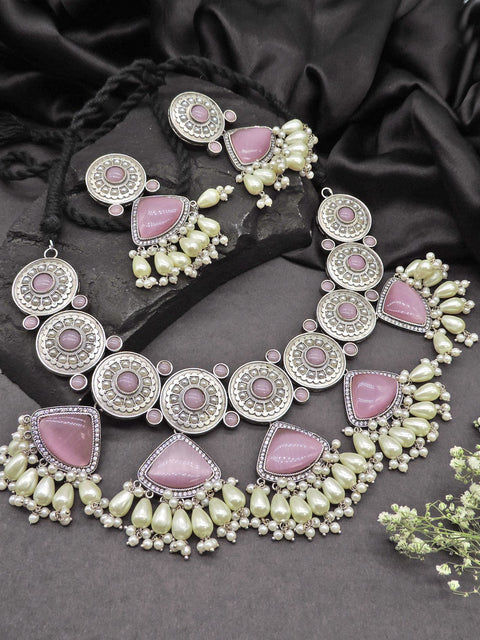 Silver plated Monalisa necklace set in baby pink – Indian bridal necklace set USA – Joyrias