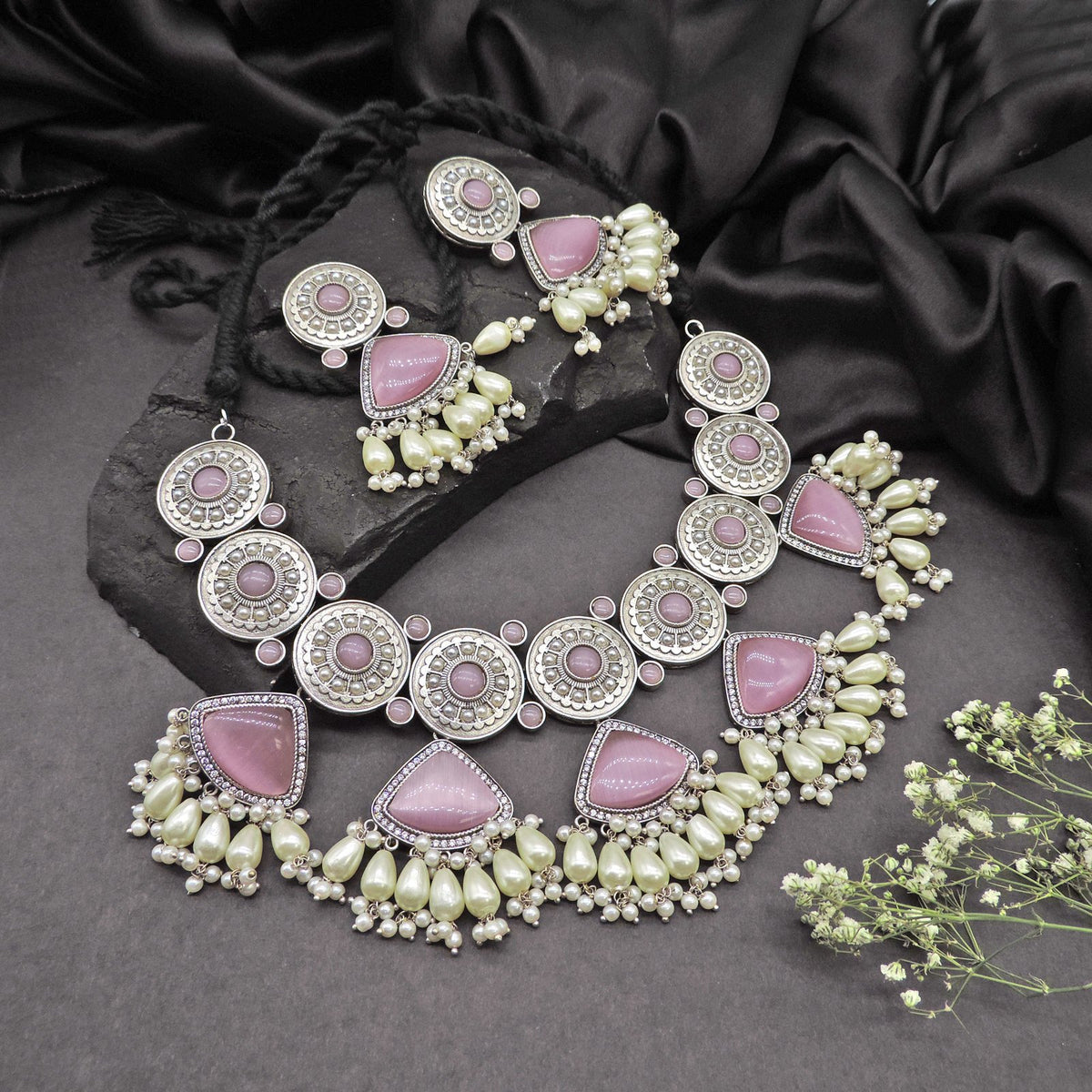 Silver plated Monalisa necklace set in baby pink – Indian bridal necklace set USA – Joyrias