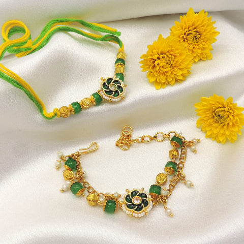Kundan floral green bead bhaiya bhabhi rakhi set by Joyrias